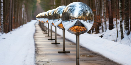 A long line of mirrors on poles in the snow, AIの素材