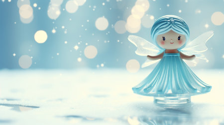 A toy fairy with blue wings standing on a glass bottle, AIの素材