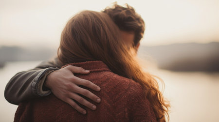 A man and woman embrace each other in front of a lake, AIの素材