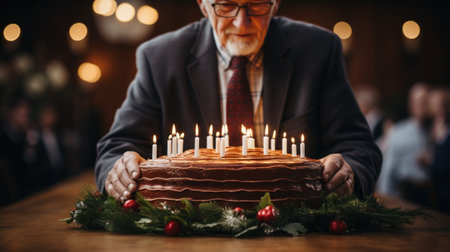 A man in a suit is holding up his birthday cake with lit candles, AIの素材