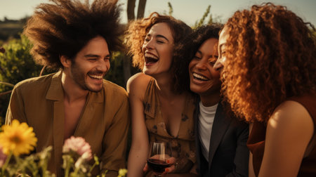 Four friends laughing and smiling at the camera, AIの素材