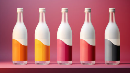 Six bottles of different colors on a pink background, AIの素材