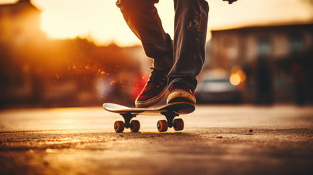 A person riding a skateboard on the street at sunset, AIの素材