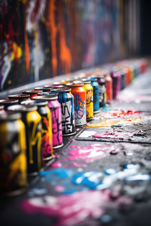 A row of cans with graffiti on them, AIの素材