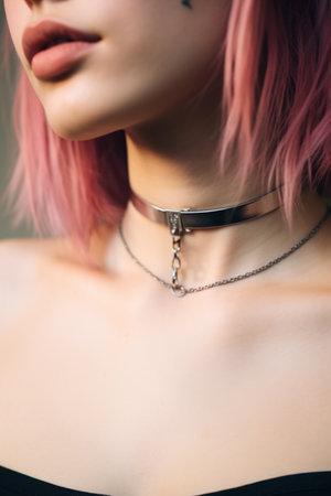 A woman with pink hair and a necklace, AIの素材