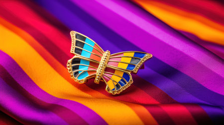 A colorful butterfly brooch on a striped fabric, AIの素材