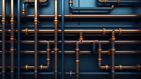A large group of pipes and valves in a blue wall, AIの素材