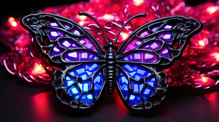 A purple and blue butterfly with a red light, AIの素材