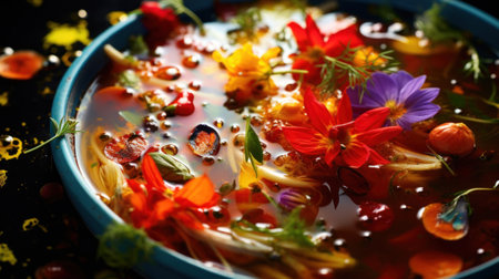 A bowl of soup with colorful flowers and vegetables, AIの素材