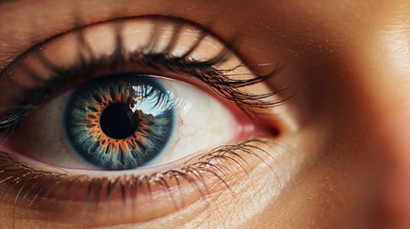 A close up of a womans eye with blue iris, AIの素材