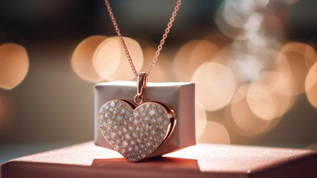 A rose gold heart shaped pendant with diamonds on it, AIの素材