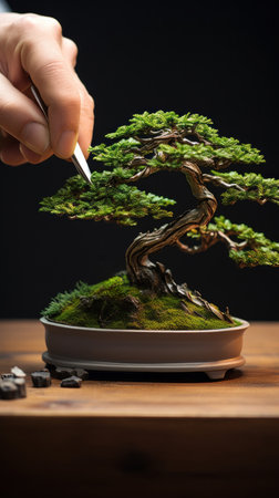 A person is holding a knife and cutting into the bonsai tree, AIの素材