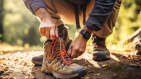A man tying his hiking boots on a trail, AIの素材