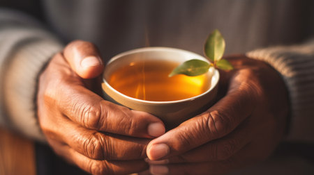 Hands holding a cup of tea with leaves, AIの素材