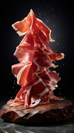 A piece of ham is sitting on top a wooden block, AIの素材