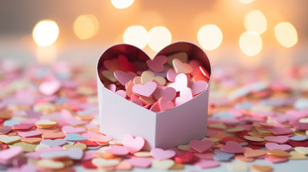 A heart shaped box filled with pink and red confetti, AIの素材