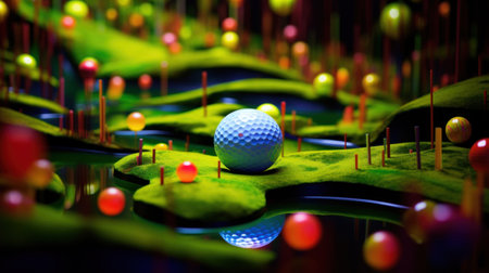 Golf ball in the grass surrounded by colorful balls, AIの素材