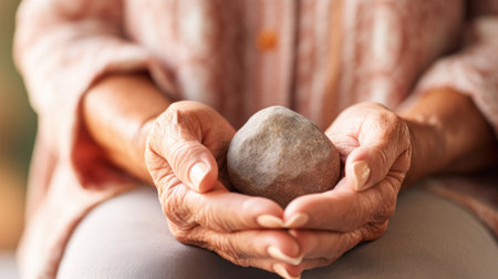 An elderly woman holding a stone in her hands, AIの素材