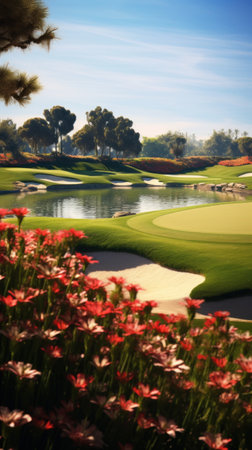 A golf course with red flowers and a pond, AIの素材