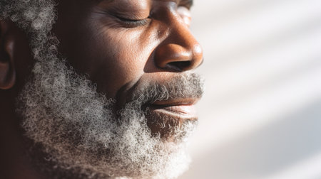 Close up of african american man with grey beard and eyes closed, AIの素材