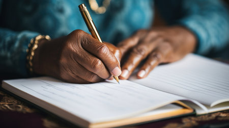 A woman writing in a notebook with her hand, AIの素材