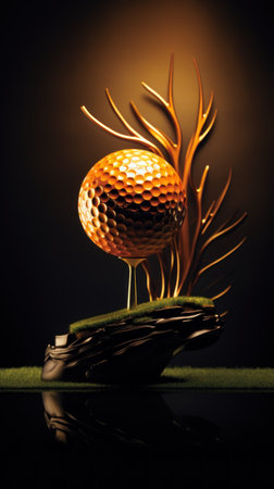 A golden golf ball is sitting on top of a tree, AIの素材