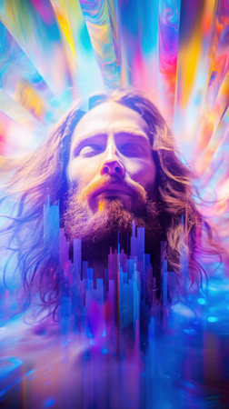 Jesus with long hair and beard in front of a city skyline, AIの素材