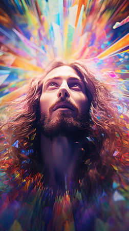 The man with long hair and a rainbow background, AIの素材