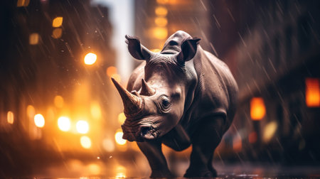 A rhinoceros is walking in the rain, AIの素材