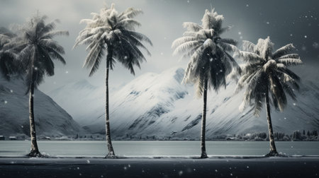 A group of palm trees in front of a mountain, AIの素材