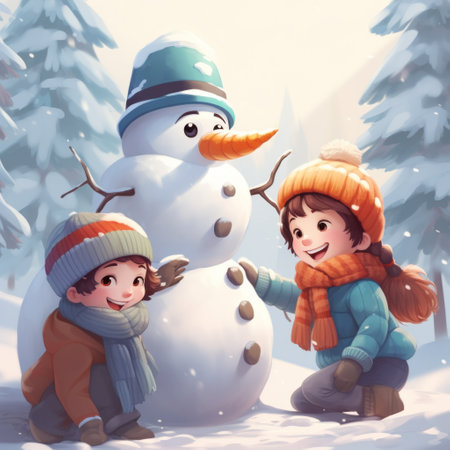 Two children are standing next to a snowman, AIの素材