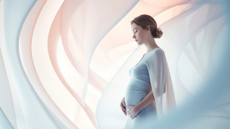 Pregnant woman in a blue dress standing on an abstract background, AIの素材