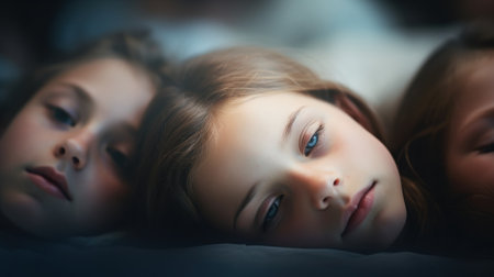 Three young girls laying down on a bed, AIの素材