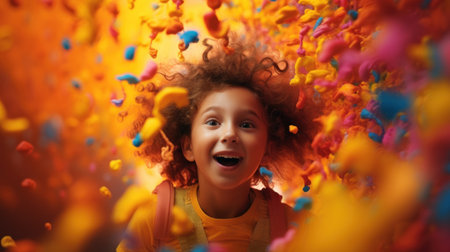 A little girl is smiling while surrounded by colorful confetti, AIの素材