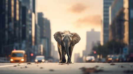 An elephant walking down the street in front of buildings, AIの素材