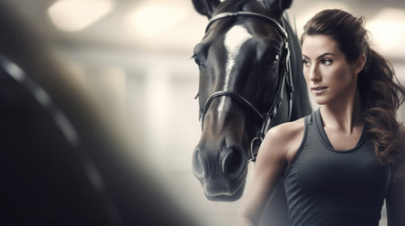 A woman in black top standing next to a horse, AIの素材