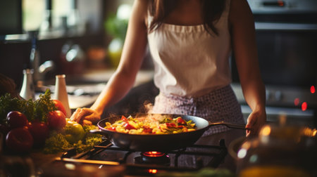 A woman is cooking food in a pan on the stove, AIの素材