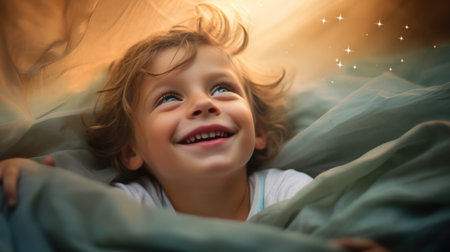 A young child is smiling while laying in bed, AIの素材