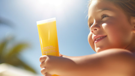 A little girl holding up a tube of sunscreen, AIの素材