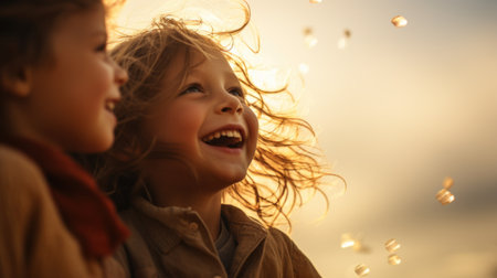 Two children laughing while standing in the sun, AIの素材