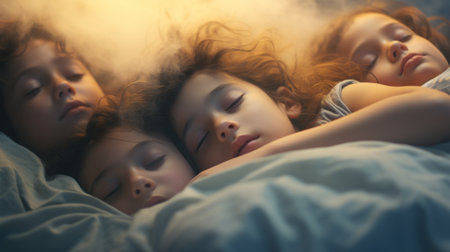 Three children sleeping in bed with their eyes closed, AIの素材