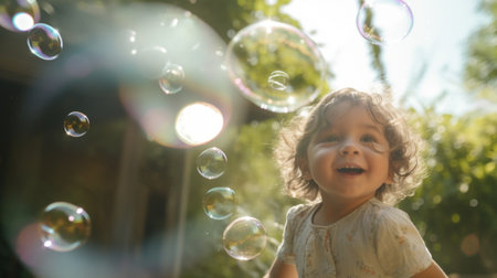 A young girl is playing with bubbles in the sun, AIの素材