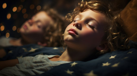 Two children sleeping in bed with stars on the wall, AIの素材