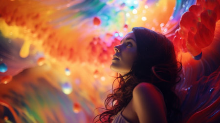 A woman looking up at a colorful swirl, AIの素材