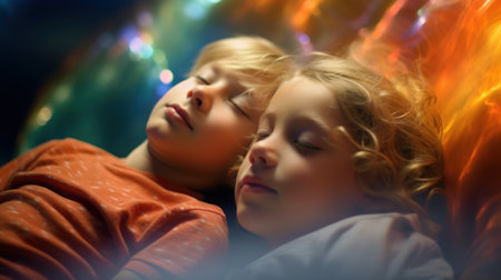 Two children sleeping on a colorful background, AIの素材