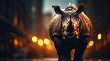 A rhino walking through the rain in a city, AIの素材