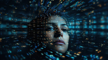 A woman looking into the distance with a digital background, AIの素材