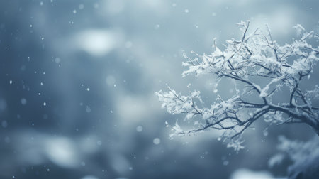 Winter landscape with snow falling on leaves and trees, AIの素材