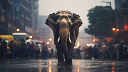 An elephant walking through a city street on the rainy day, AIの素材