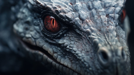 A close up of a dragons face with red eyes, AIの素材